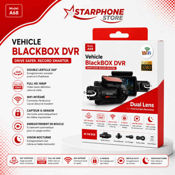 Caméra de Voiture Double Objectif Full HD 1080P avec Vision Nocturne Détection de Mouvement et Écran IPS 3 Pouces