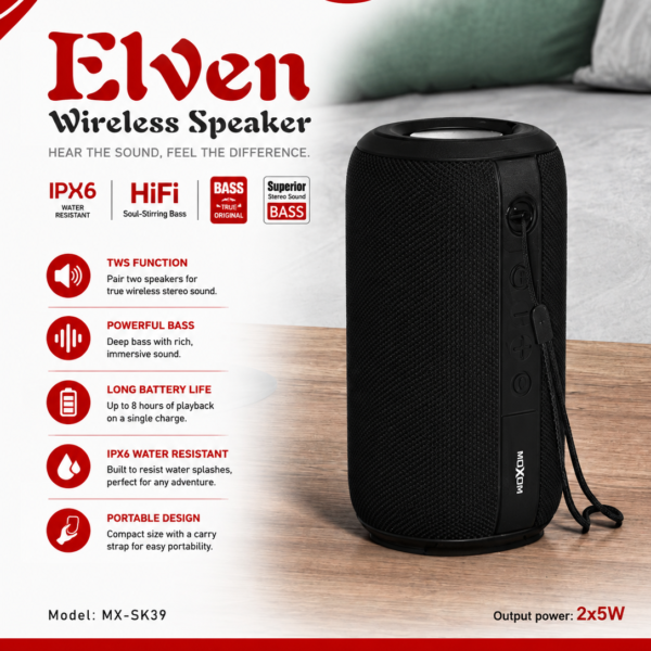 un haut-parleur portable Bluetooth Moxom Elven (modèle MX-SK39)