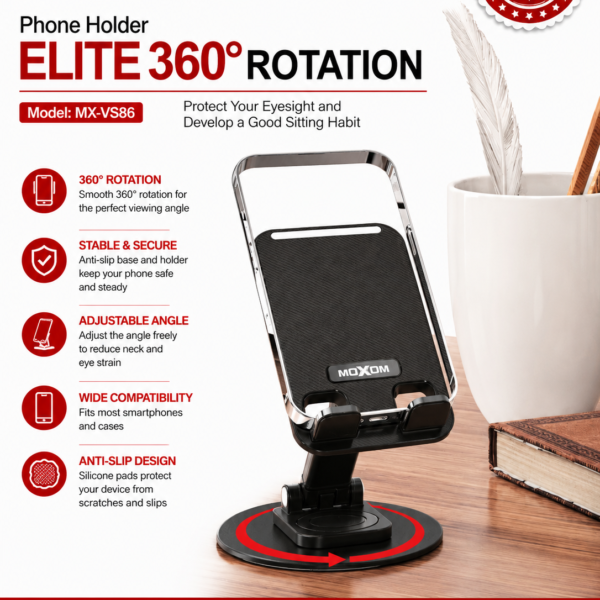 Support Téléphone de Bureau MOXOM MX-VS86 – Support Pliable Rotatif 360° pour Smartphone et Tablette