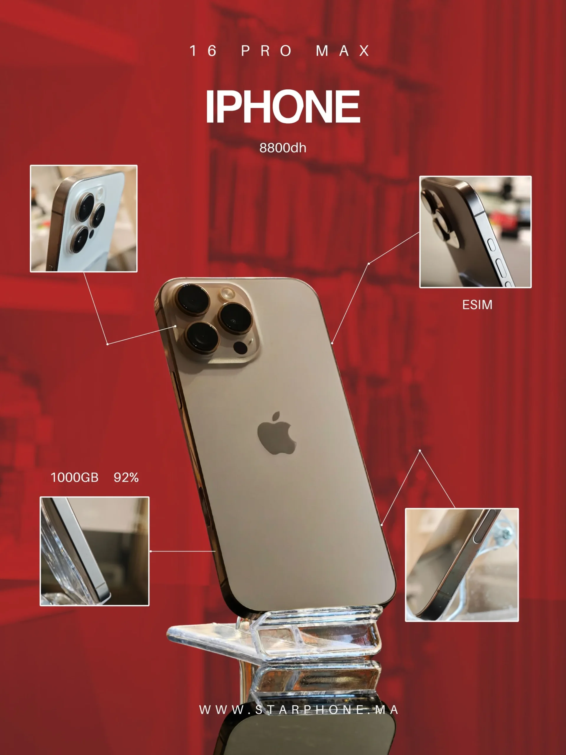 IPHONE 16 PRO MAX ESIM 1000GB 92% 1305 Apple IPHONE 16 PRO MAX 92% 1305 - StarPhone Maroc