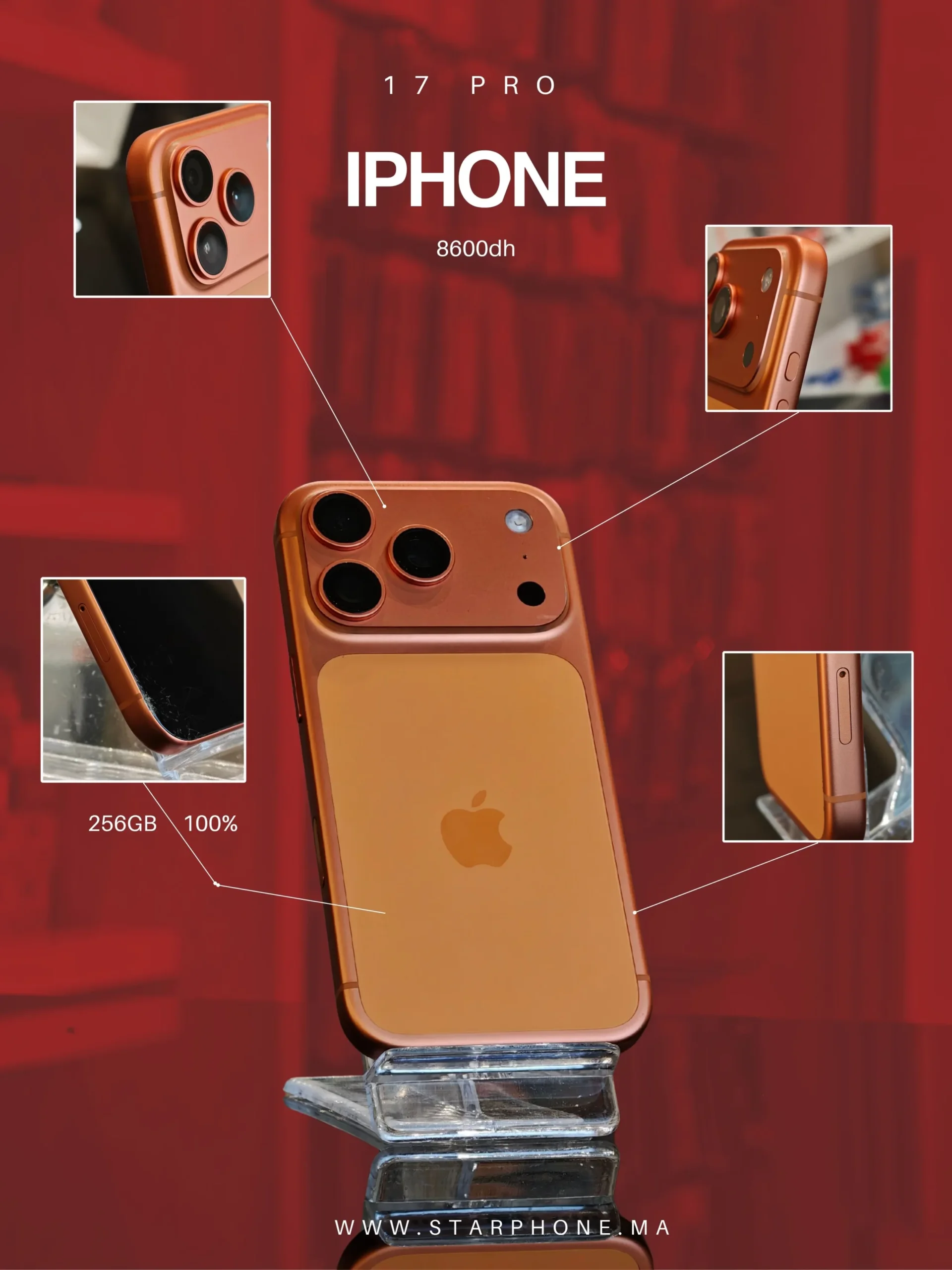 IPHONE 17 PRO 256GB 100% 0354 OR true Apple IPHONE 17 PRO 100% 0354 CASSE - StarPhone Maroc