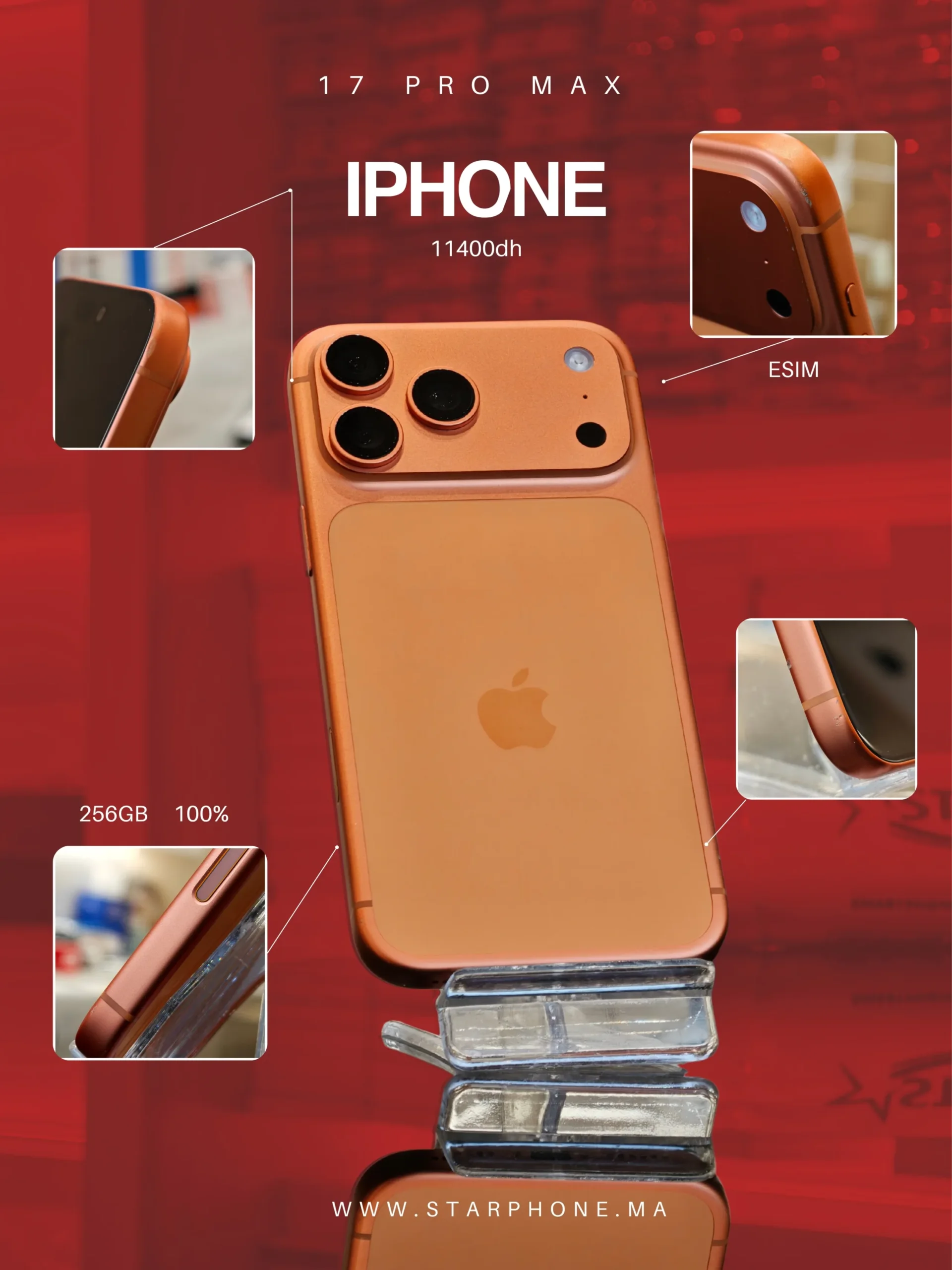 IPHONE 17 PRO MAX 256 ESIM 100 ORANGE 0453 Apple IPHONE 17 PRO MAX 256G 100% - StarPhone Maroc